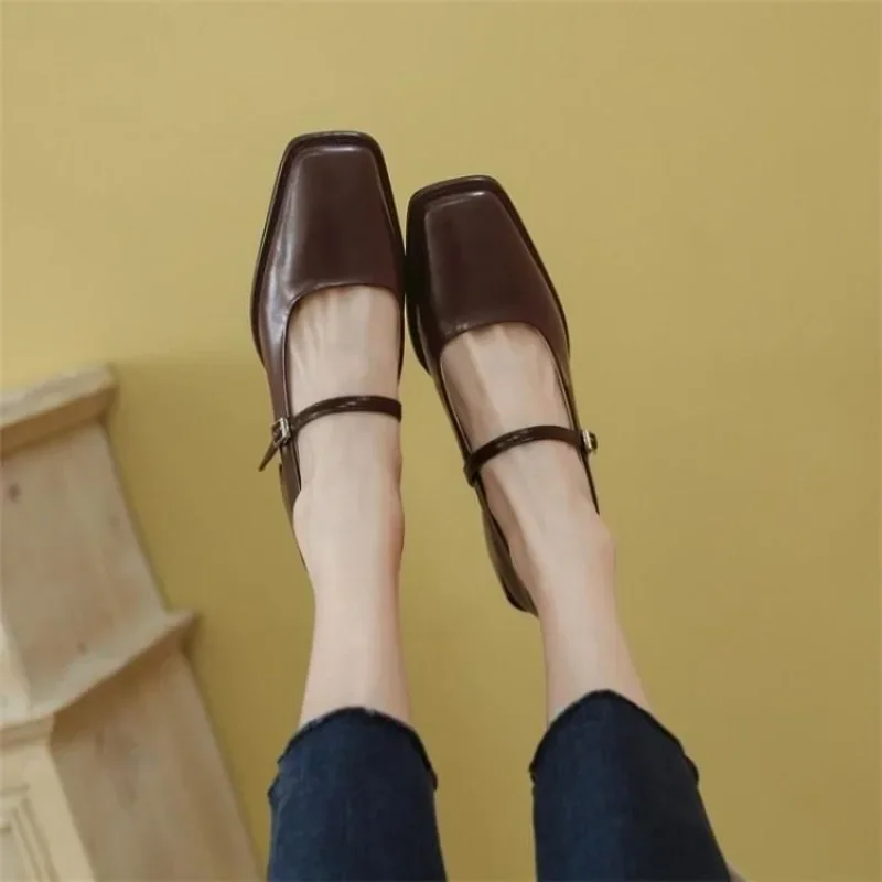 French Mary Jane\'s Shoes Women Pumps Spring Autumn Medium Heel Thick Square Toe Loafers Button Shallow Black Brown Women Heels