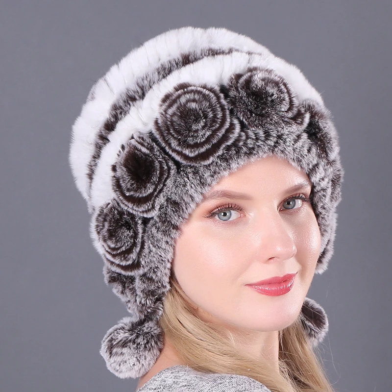 Sombrero esponjoso de piel de conejo Real para mujer, gorro cálido de punto, gorros naturales y esponjosos, Y2k, 2023