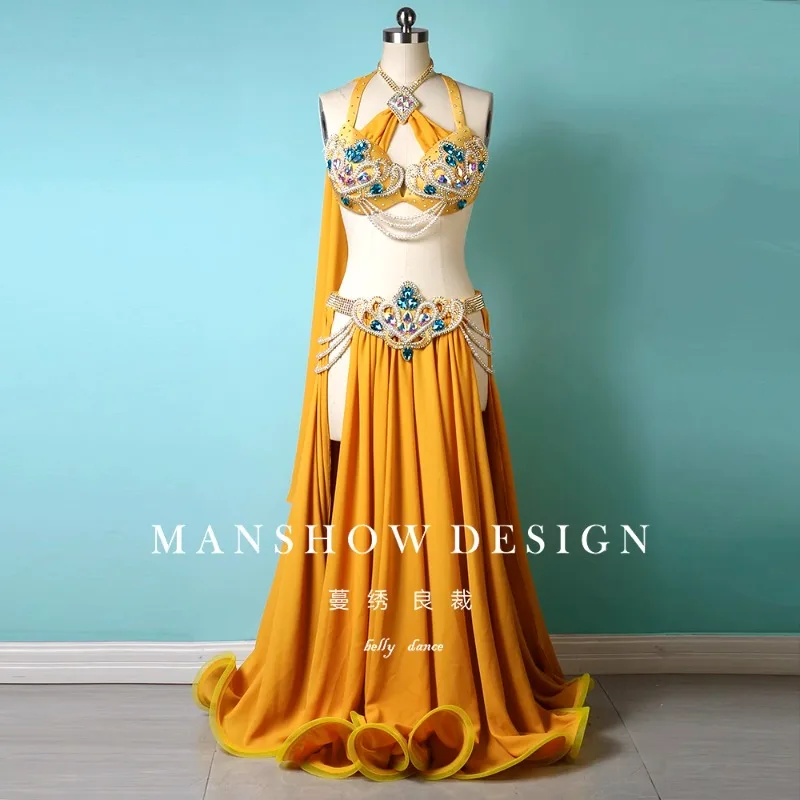 تخصيص أداء الرقص الشرقي زي المرأة الأبيض مثير تتدفق تنورة طويلة قلادة الصدر التفاف مجموعة ملابس السامبا كرنفال