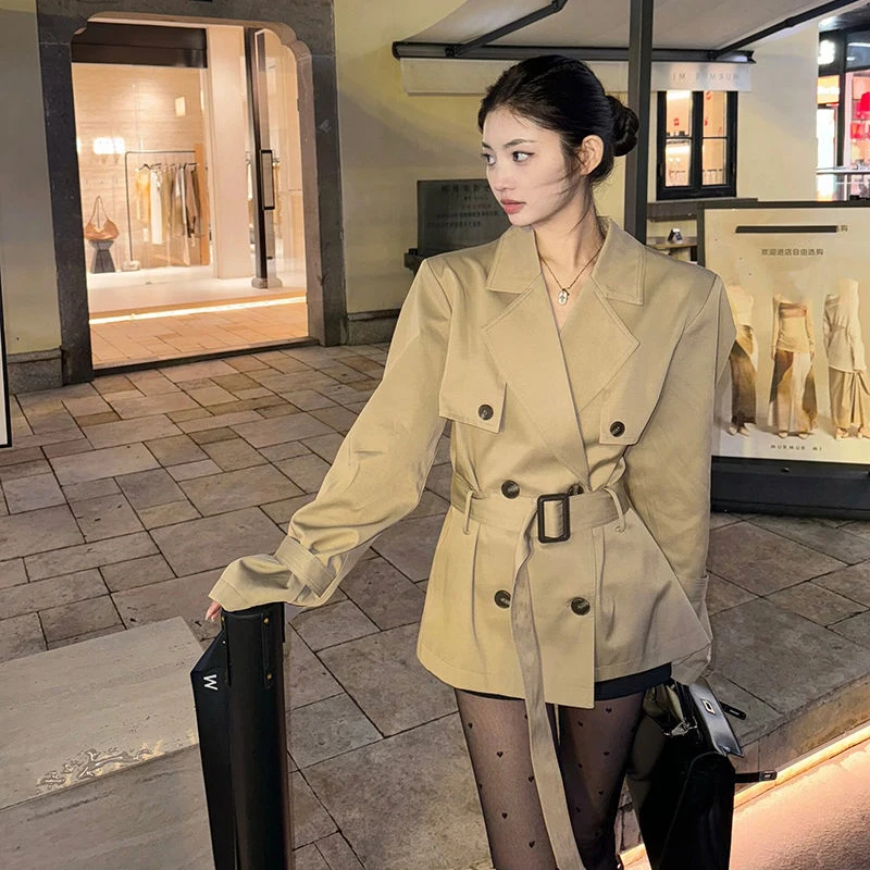 2024 Autumn Fashion Khaki Belted Trench Women New Lapel Long Sleeve Windbreaker Loose Jackets Vintage Casual Style Outerwear