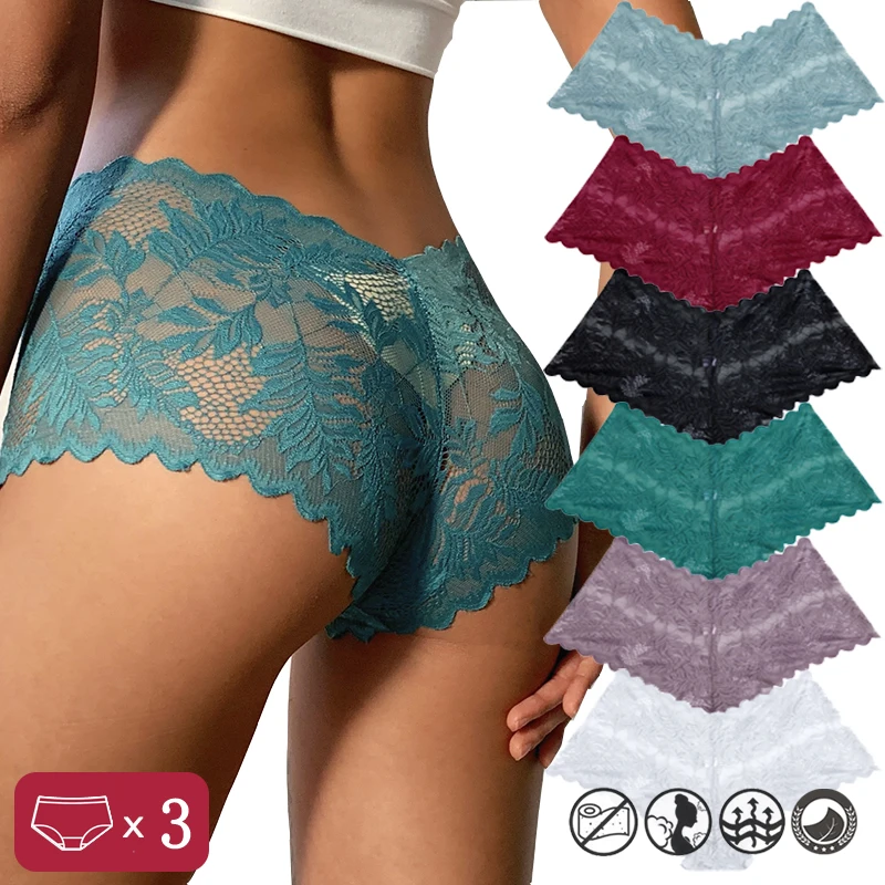 3PCS Women Sexy Lace Panties Floral Perspective Uderwear Solid Color Intimates Boyshort Female V-Waist Breathablle Soft Lingerie