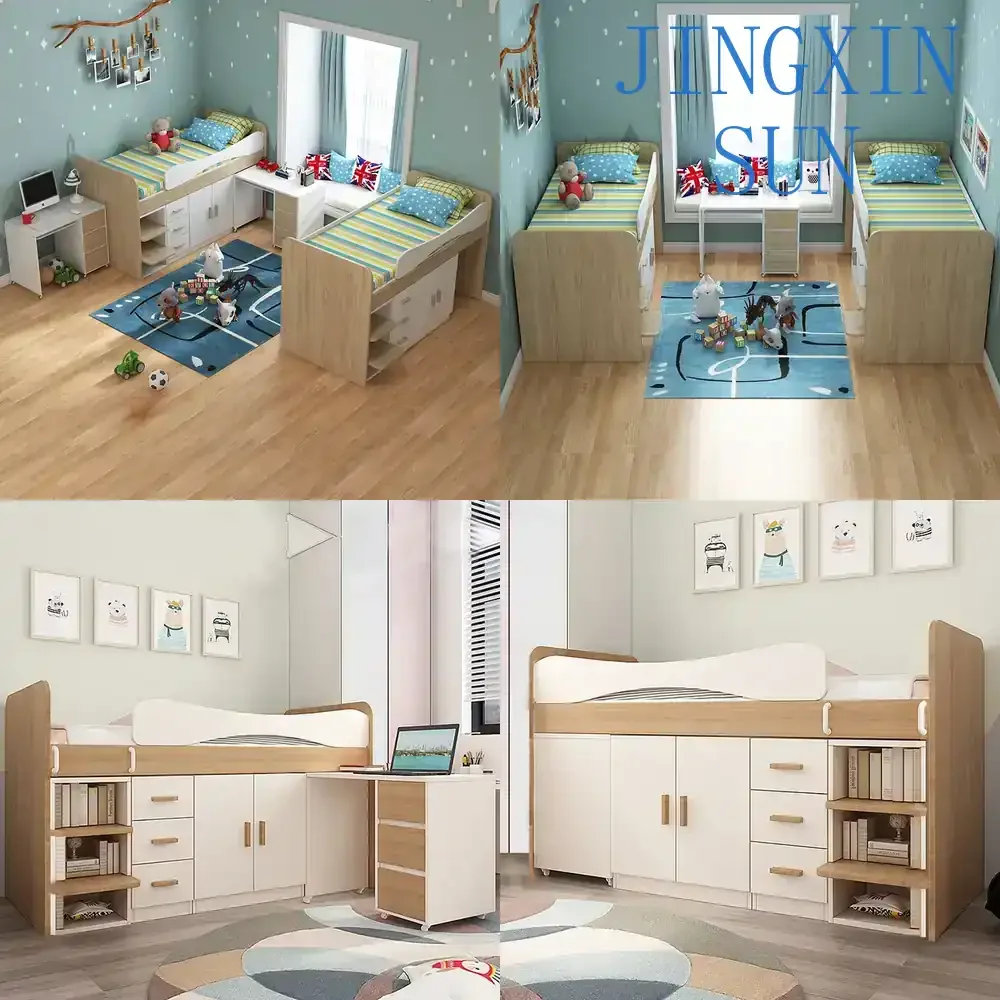 Half-height Childrens Bed for Small Apartment Space Saving Multi Functional Desk Bed Integrated Twin Combination Bed for Kids