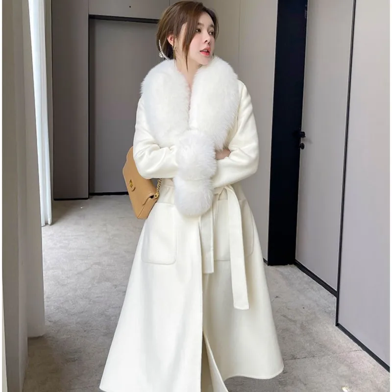 ZDFURS*Double-Sided Cashmere Woolen Coat Women\'s Winter Double-Faced Woolen Goods Temperament Fox Fur Collar Fur Coat Mid-Length