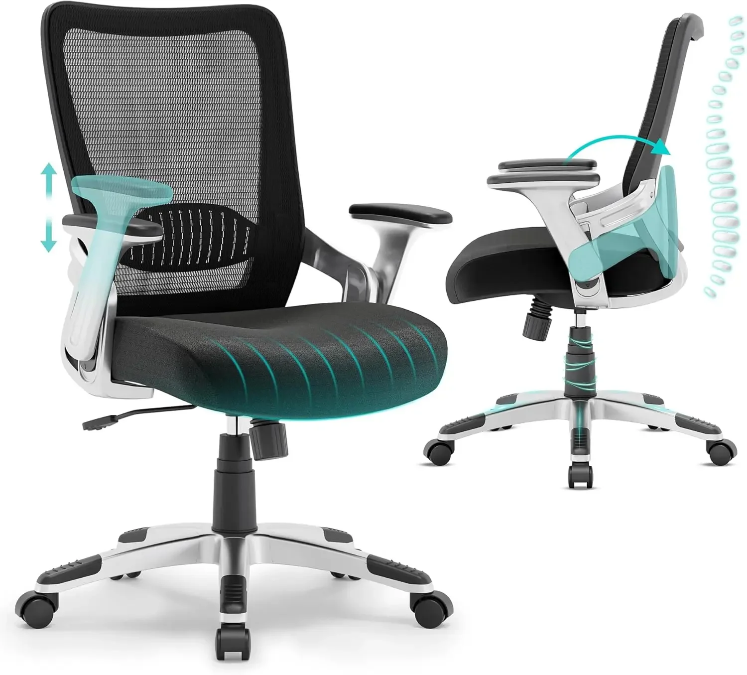 Ergonômico Cadeira de escritório, Mesh Computer Gaming Chair, Ajustável Flip-Up Arms, Apoio lombar, Tilt Function