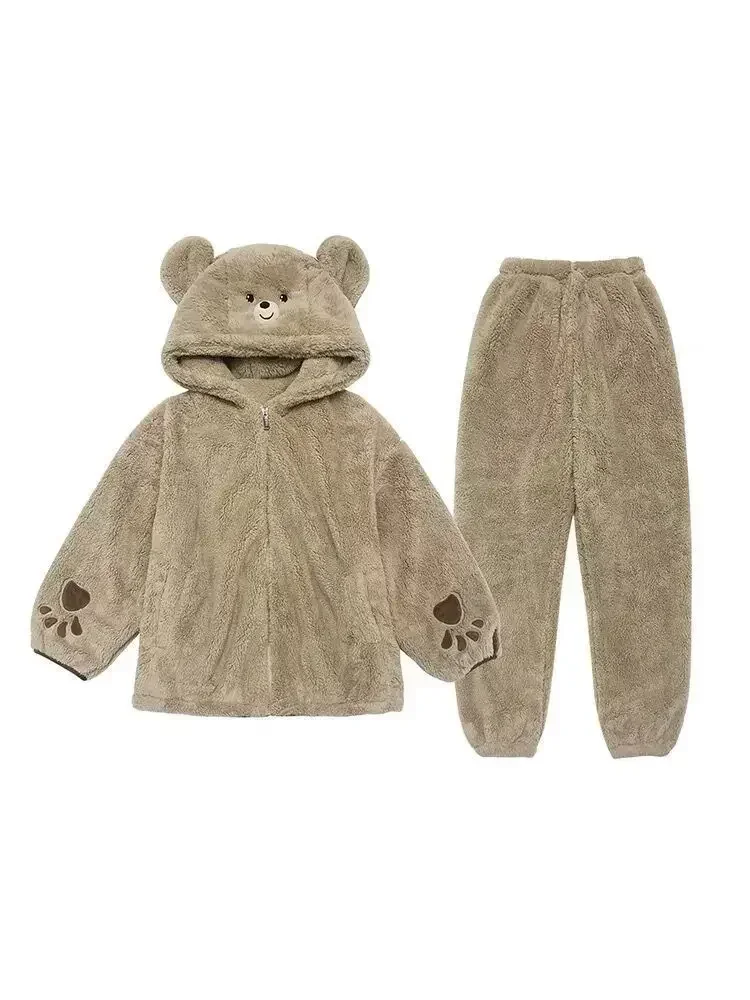 2024 Autumn/winter New Hooded Pajamas Women Long Sleeve Flange Cartoon Bear Thickened Homewear Ladies Plush Set Pajamas for