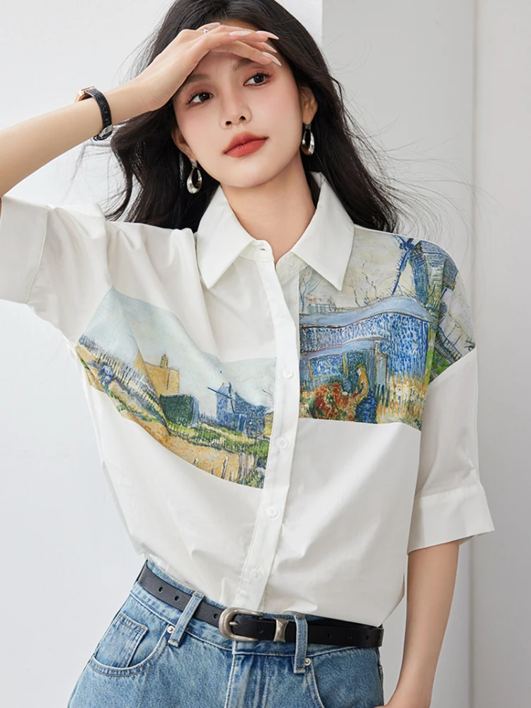 

2024 New Summer White Print Short Sleeve Shirts Women Clothes Fashion Loose Casual Blouse Vintage Aesthetic Tops Blusas Mujer