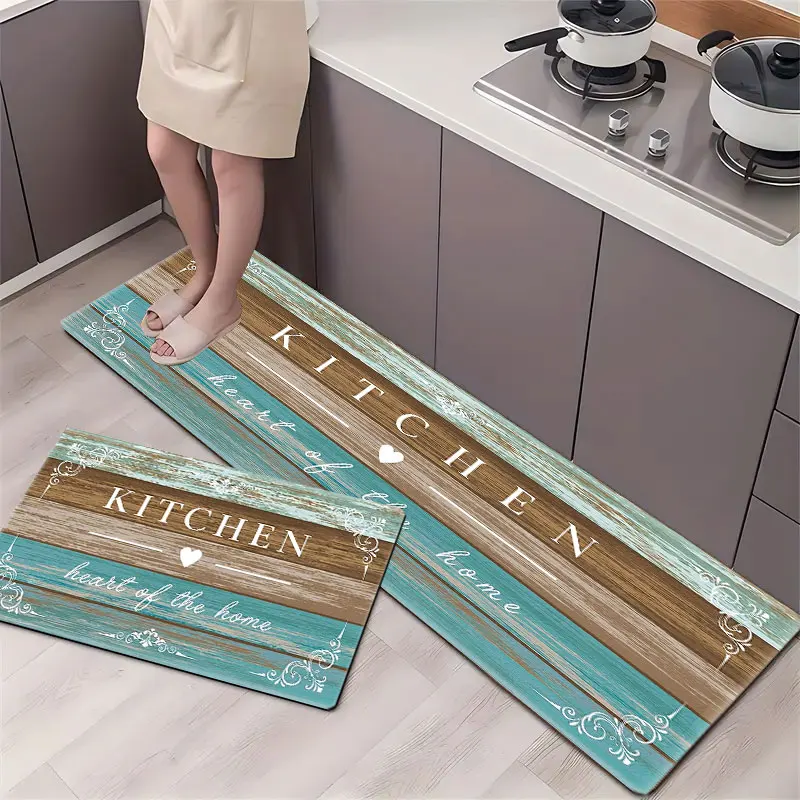 Kitchen Patterned Wood Grain Design Carpet Rug - Flannel Material for Kitchen Bathroom Room Suitable Floor Decor