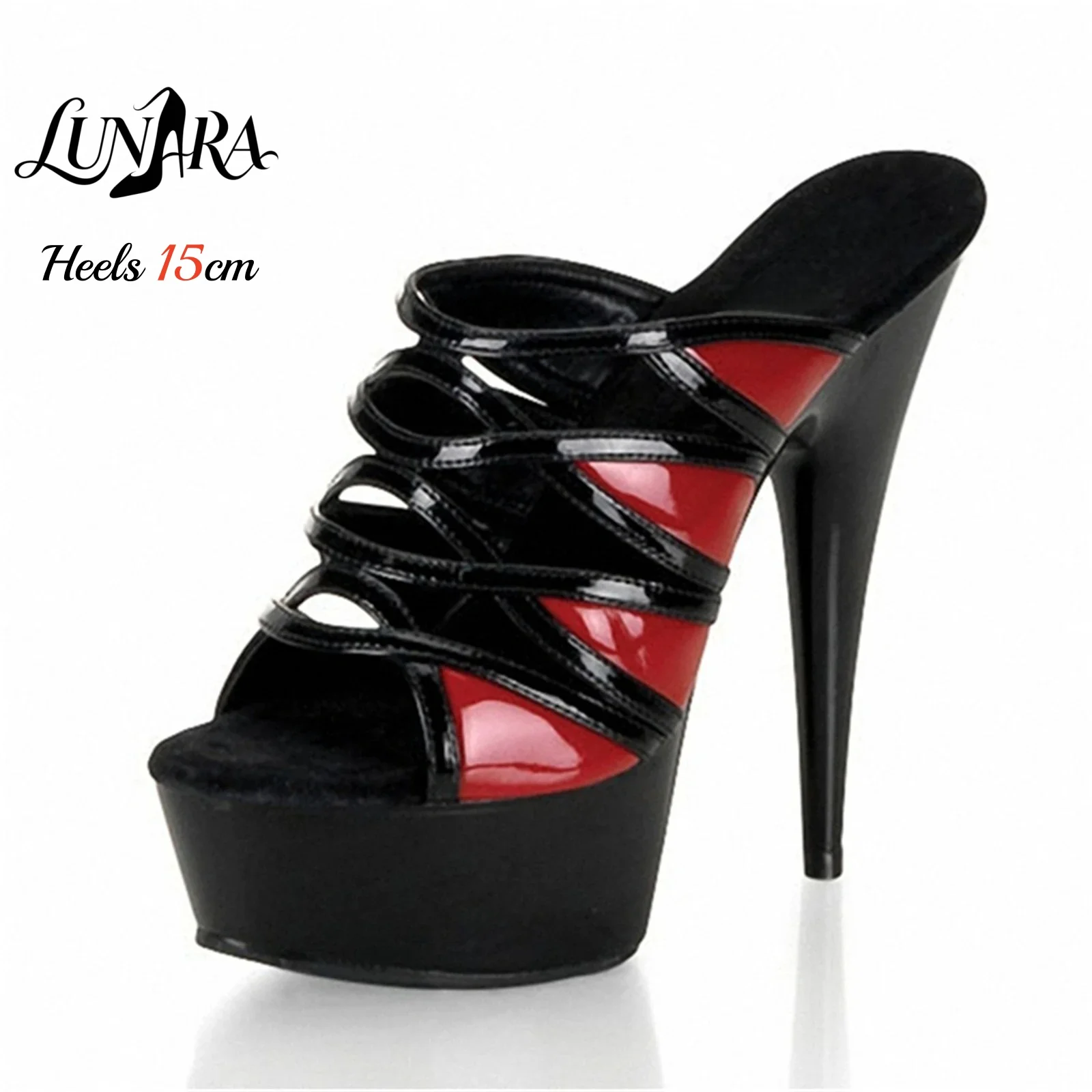 Ladies 15cm/6Inch Black Red Patent Strappy Backless Mules Open Toe Platform Stilettos Exotic Pole dance Nightclub Rave Party