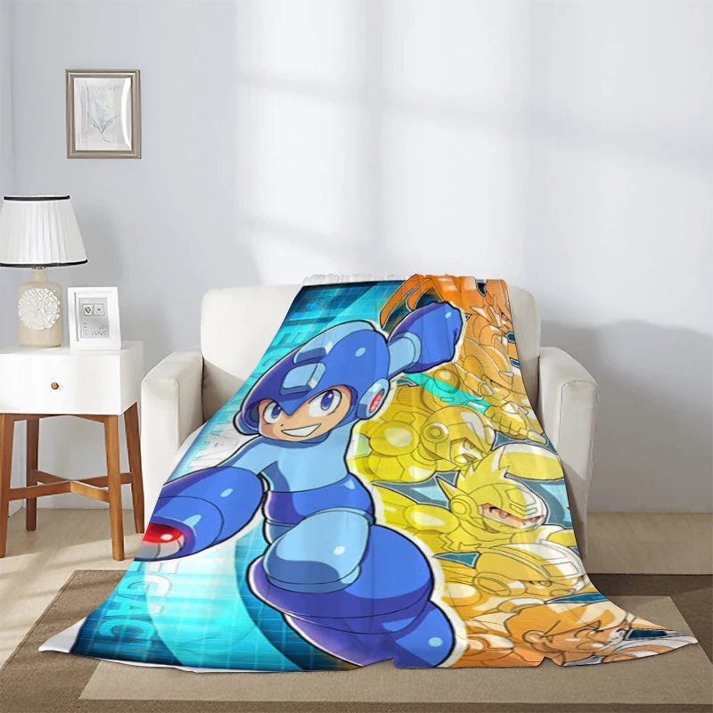 Retro Game Anime Blanket Megaman Fluffy Soft Blankets for Winter Boy Rockman Microfiber Bedding Knee Sofa Warm Fleece Decorative