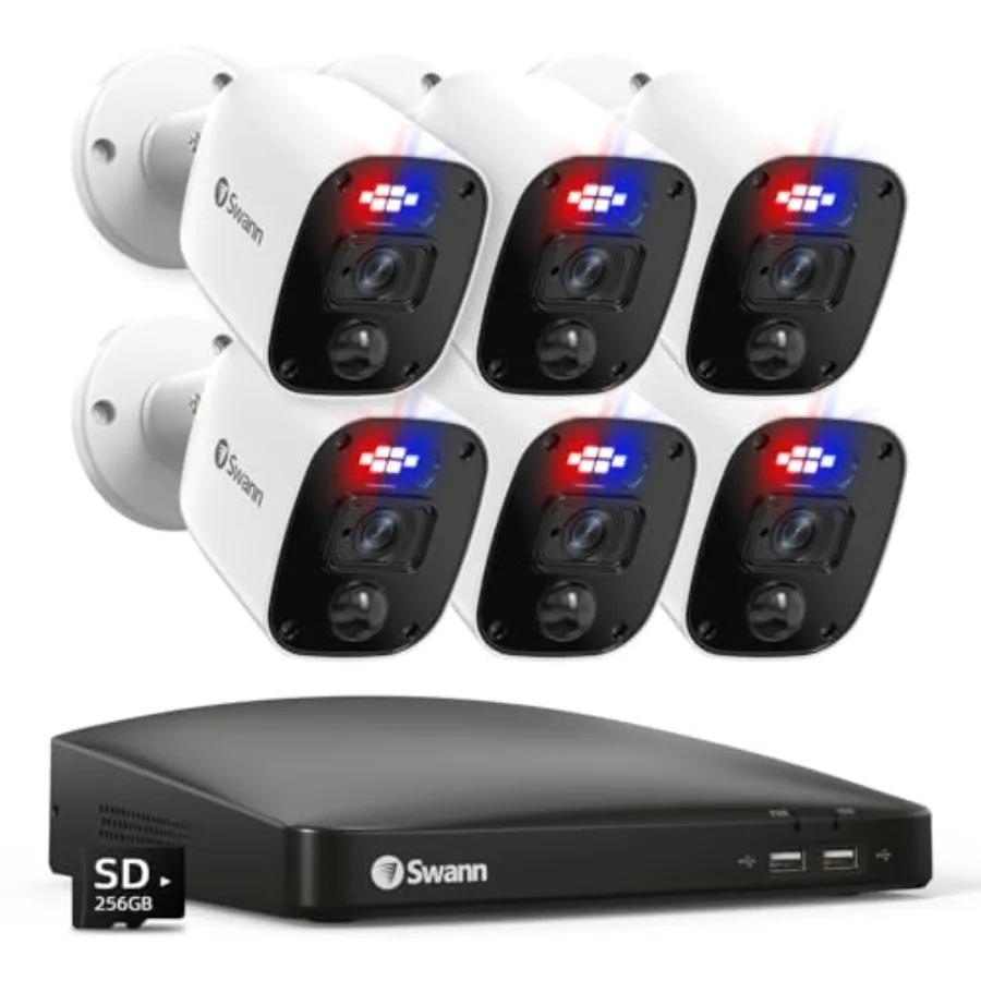 Home Security Camera System: 6-cam H.265 wired kit with person/vehicle detection, 2K 8CH DVR, deterrent red blue lights, color