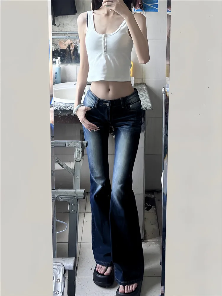 

Retro American Deep Blue Spicy Girl Flared Jeans Women's Low Waist Slimming Extended Length Floor-Length Pants