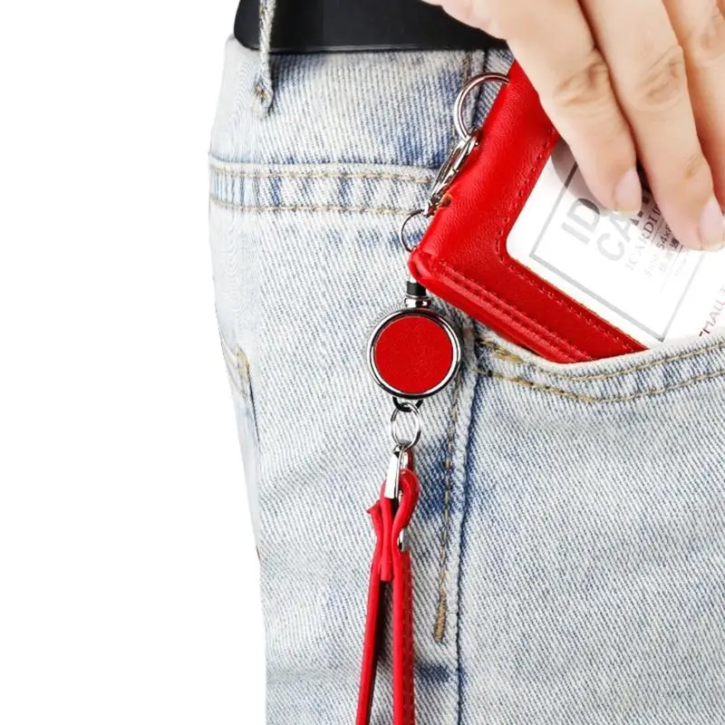 CORA Leather Neck Strap with 52CM Pull Cord, Round Retracting Mechanism and Metal Hook for Work Pass Carry
