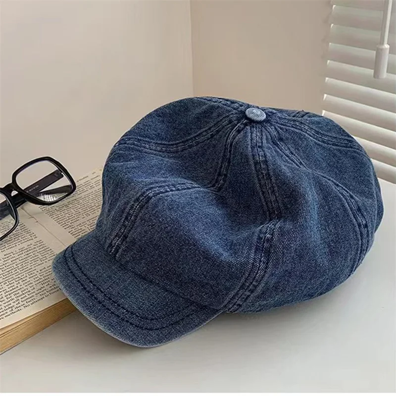 Jeans Men\'s Cowboy Beret Hat for Men Women Casual Unisex Vintage Denim Beret Cap Fitted Sun Cabbie Flat Cap Gorras