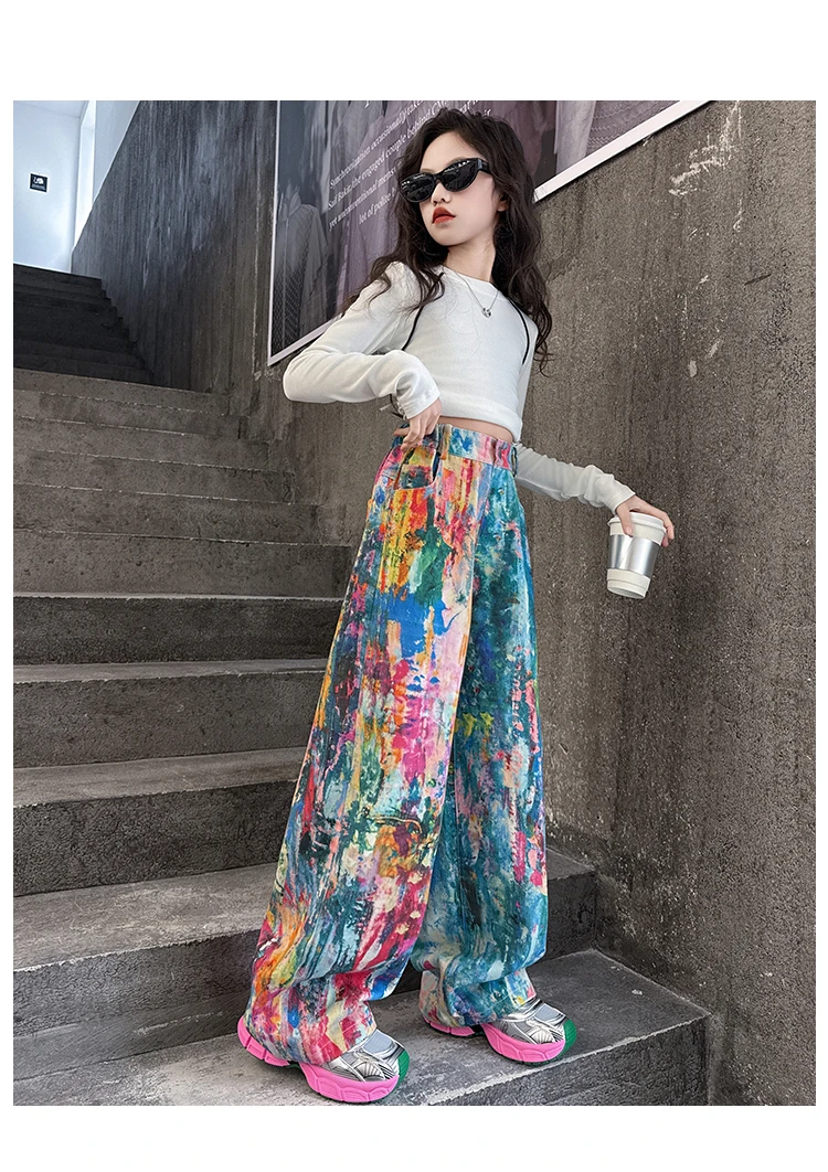Street-Style Kinder-Jeans mit Bunten Prints für Teenager-Mädchen, Modische Hip-Hop-Tanz-Jeans, Trendige Hiphop-Denim-Hosen für Kinder – Detail 14
