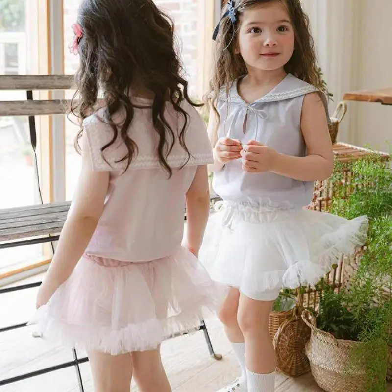 

2025 Summer New Baby Sleeveless Clothes Set Girls Sailor Collar Bow Tops + Short Culottes 2pcs Suit Solid Kids Cotton Outfits
