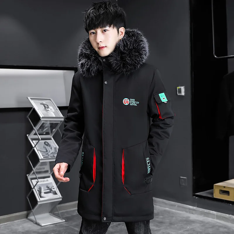 New Autumn Winter Men\'s Mid-Length Fleece Hooded Jackets Detachable Fur Collar Thicken Plush Parkas Outwear Warm Windproof Coats