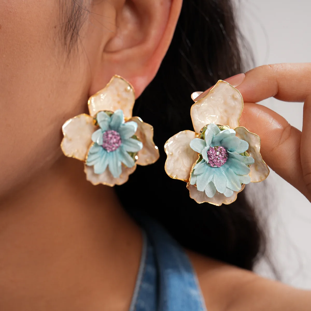 Floral Jewelry Cute Holiday Accessories Wholesale Yellow Enamel Blue Pink Fabric Women's Flower Stud Earrings