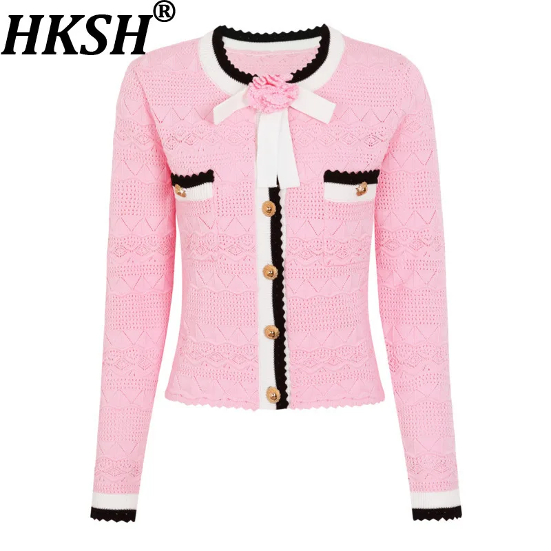 HKSH Women Cardigan Elegant Fashion Long Sleeve Bow Color-block Button Design Knitwear Solid Color Bomber Wrap Hip Skirt HK27728