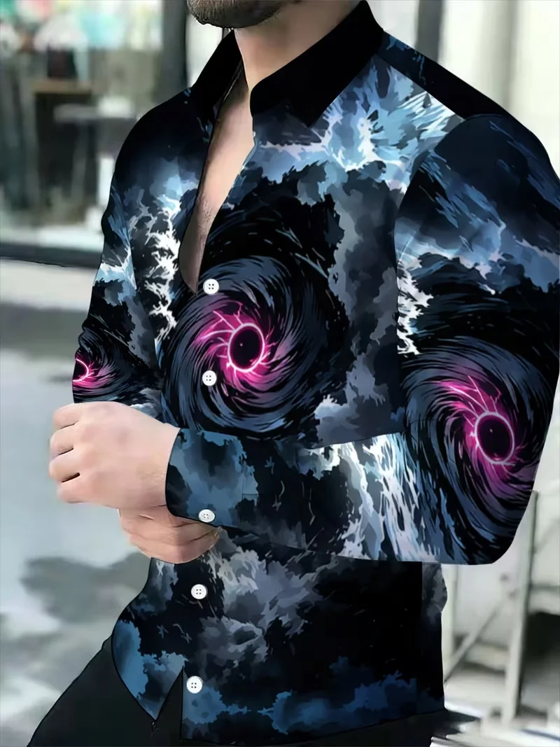 New men's art style floral leaf long sleeved shirt with abstract lines in black, white, and gray, lapel casual shirt