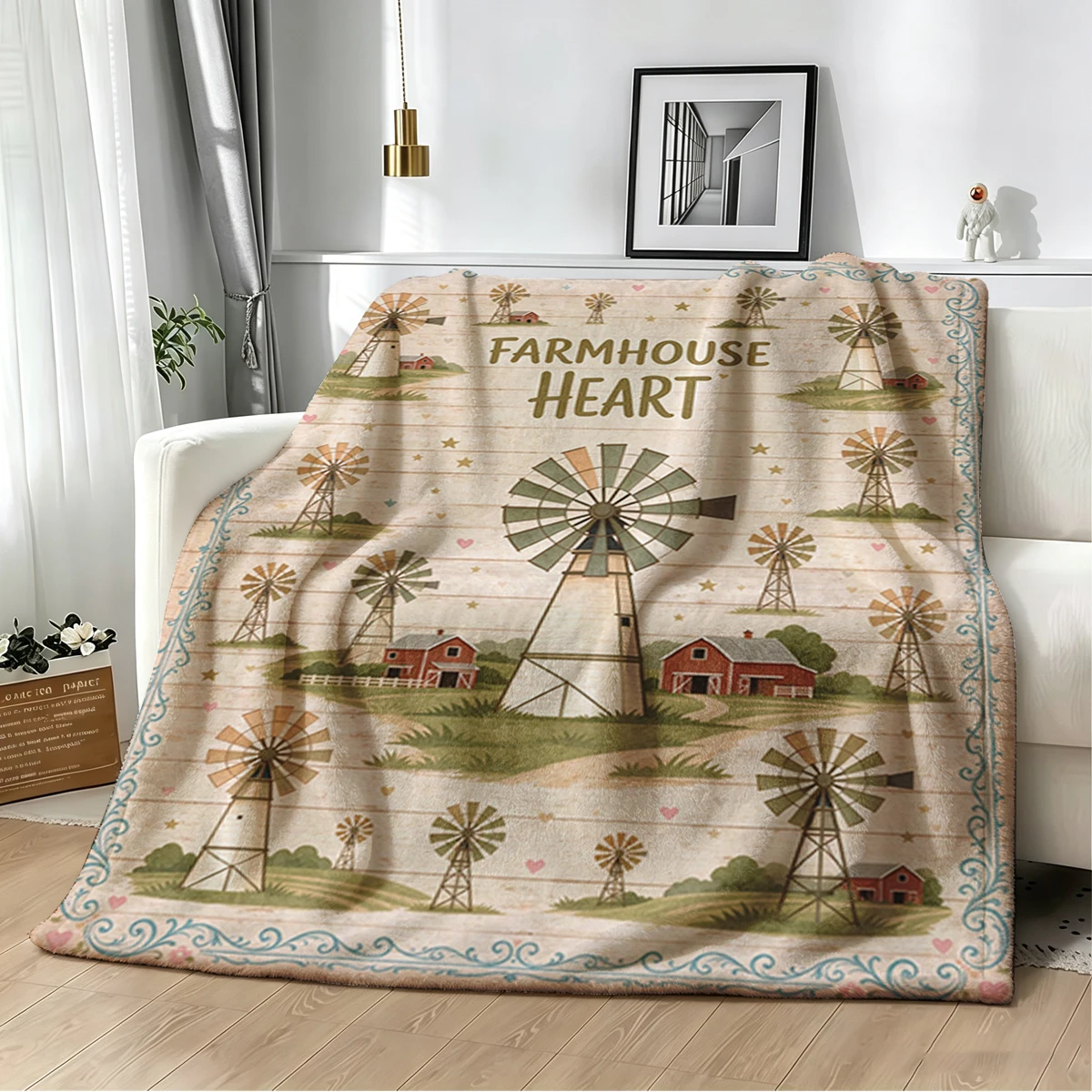 Farmhouse Heart Big Windmill Flannel Blanket Warm Soft Halloween Christmas Decorative Couch Warm Cozy All-Season Gift