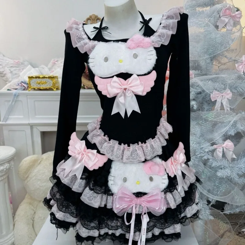 

Sanrio Soft Sister KT Black Powder Neck T-shirt Lolita Spice Girl Pure Desire Fluffy Skirt Lace Stitching Cake Skirt Slim Suit