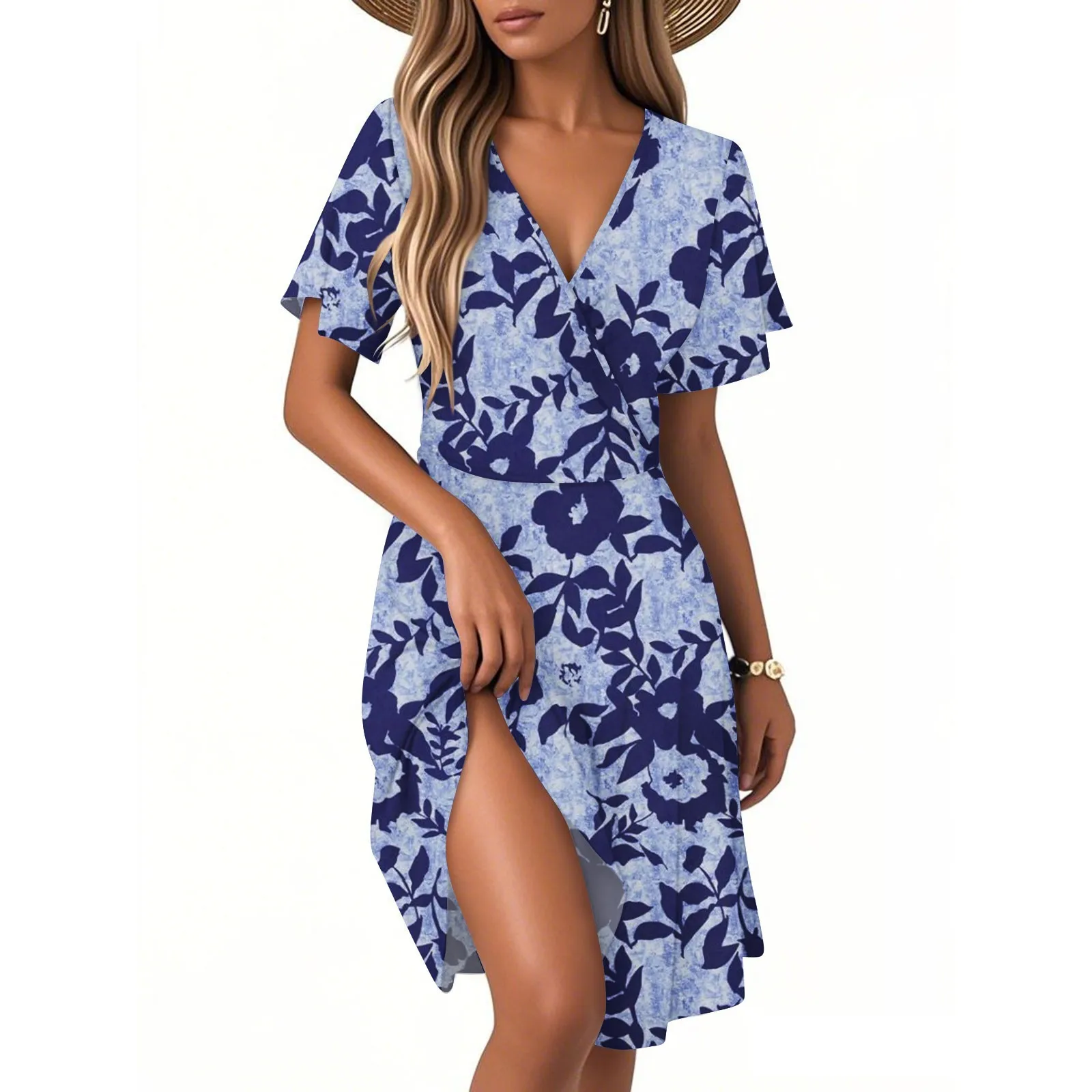 Dames bedrukte bloemen korte mouwen lange jurk V-hals sexy casual losse elegante jurk strand Hawaiiaanse vakantiejurken vrouwelijk
