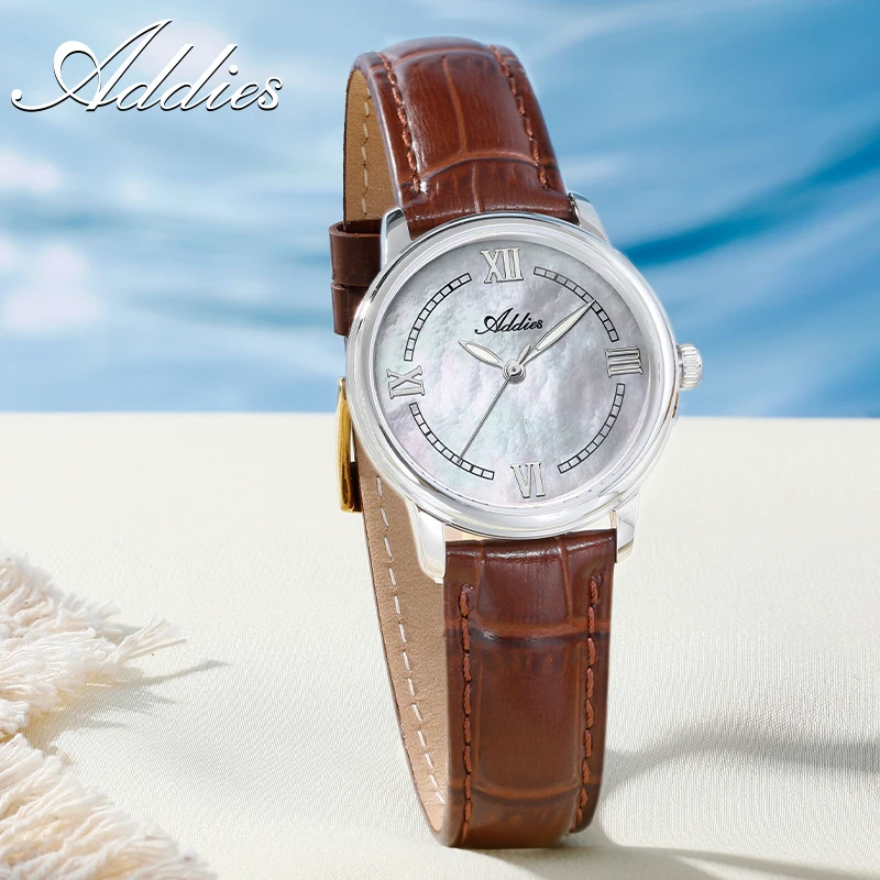 ADDIES Women Luxury Quartz Watch 31mm Mother of Pearl Dial Sapphire Crystal Leather Strap 50M Waterproof Dress Woman Wristwatch
