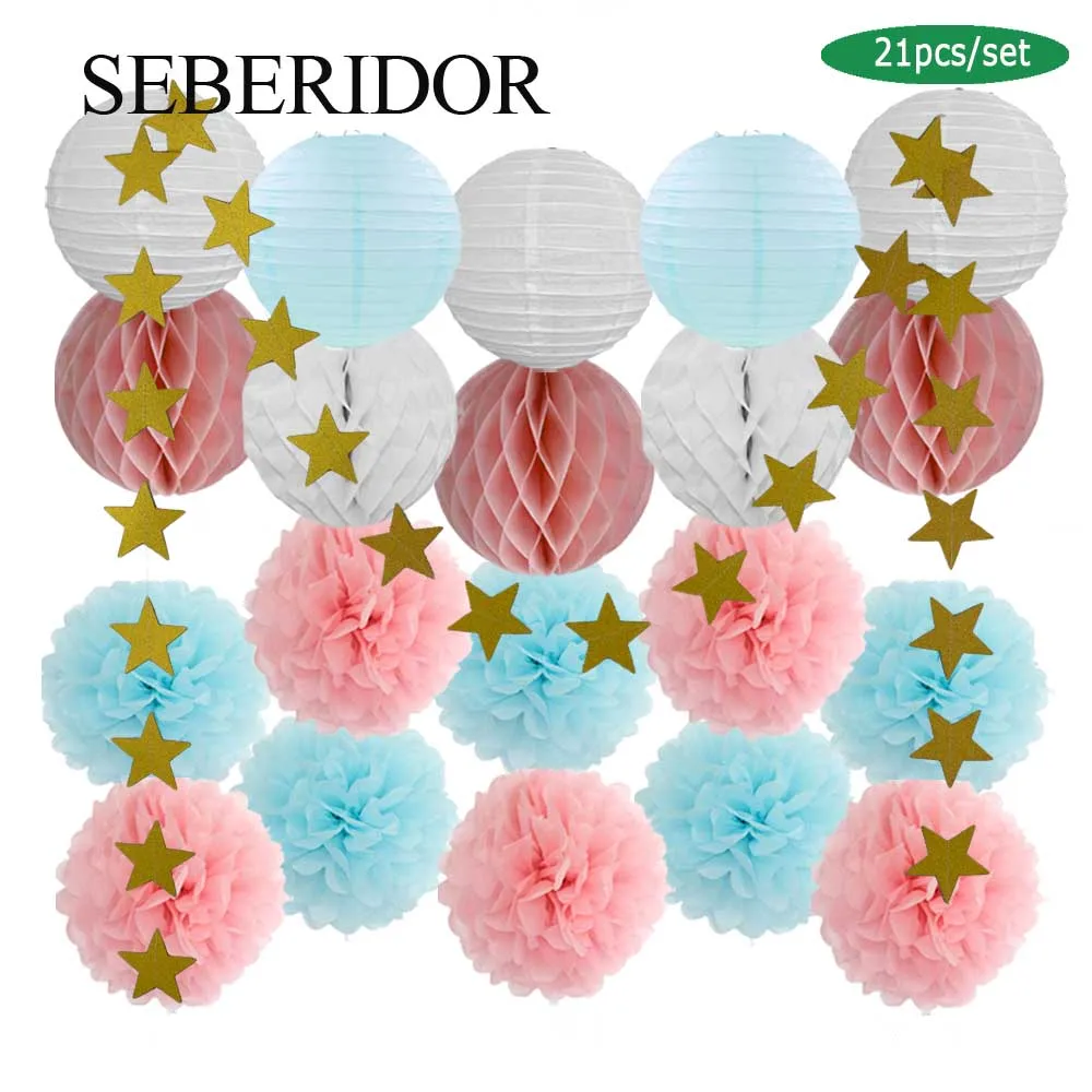 It's Boy Girl Gender Reveal Party Favor Pink Blue Set Round Paper Lantern Baby Baptism DIY Tissue Flower Wedding Decor Honeycomb