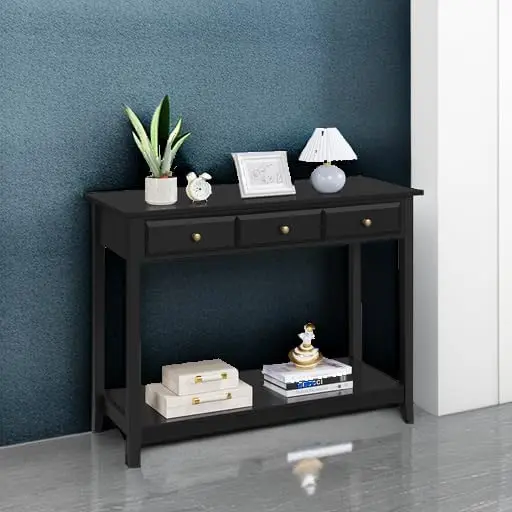 3 Drawers, Wood Entryway Table with Storage Shelf, Sofa Table Narrow Long for Living Room, Entryway, Hallway, Foyer, Black