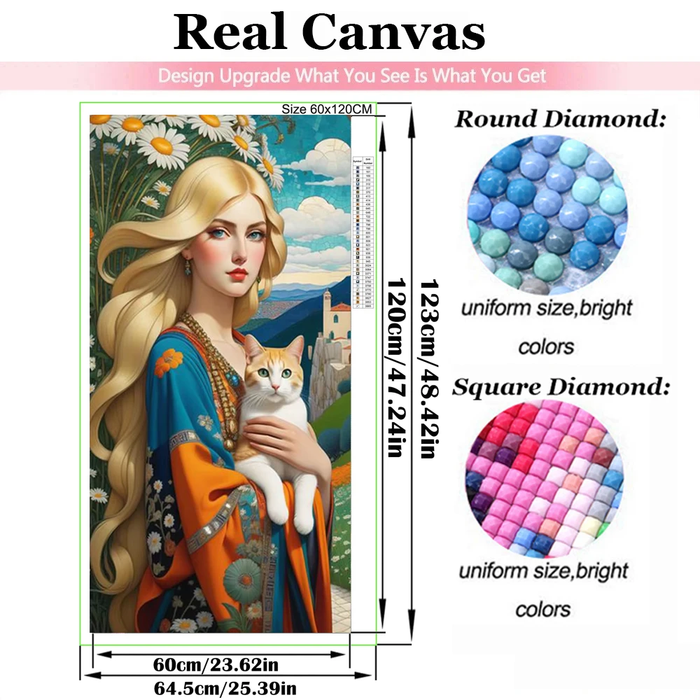 5D DIY Large Diamond Embroidery Elegant Woman Novelty 2024 Painting Portrait Rhinestone Cat Flower Pictures Mosaic Home Decor