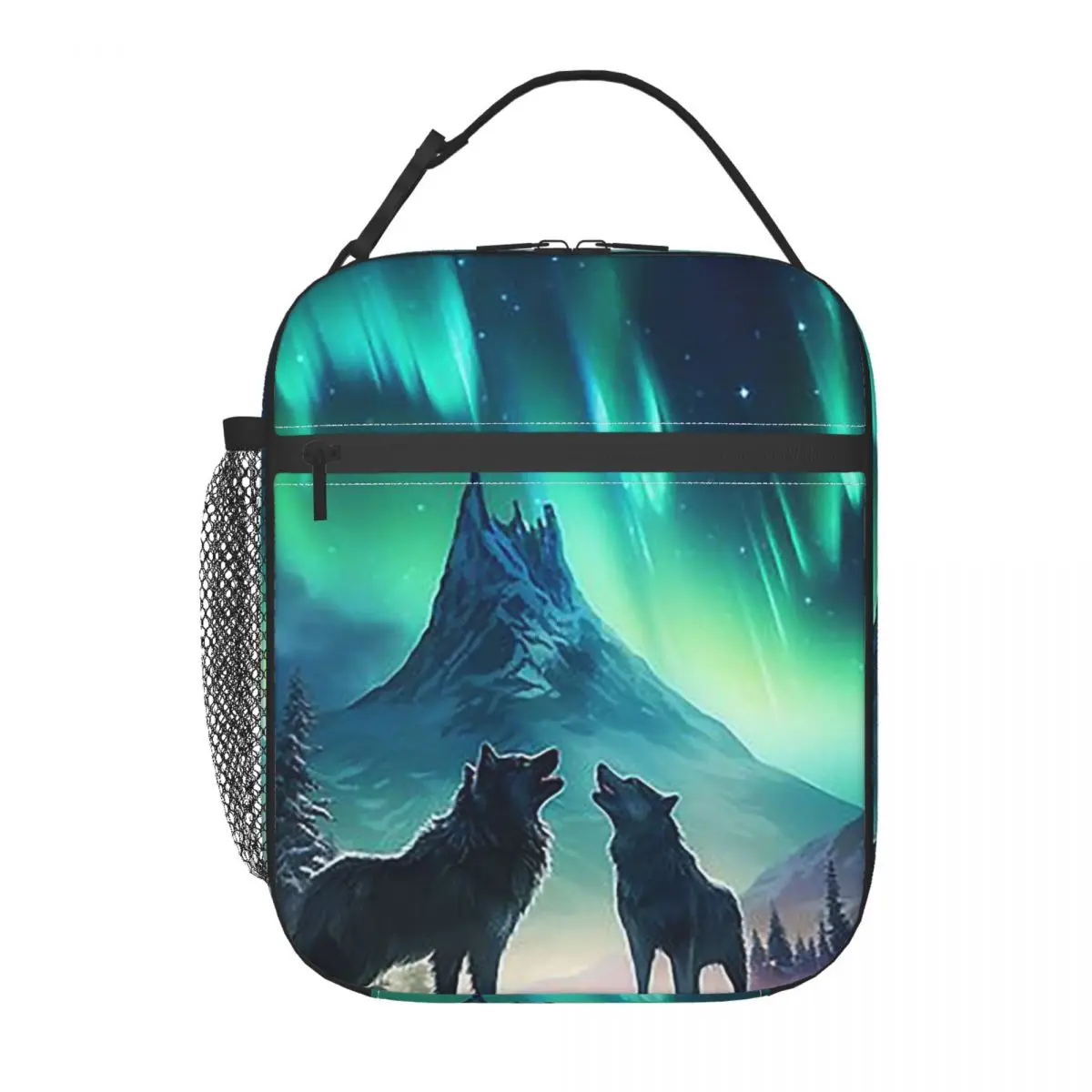 

Волк Северный Свет Аврора Бореалис Пейзаж Горы Реки Деревья Изолированная сумка для обеда Портативные коробки для еды Ланч-бокс Tote