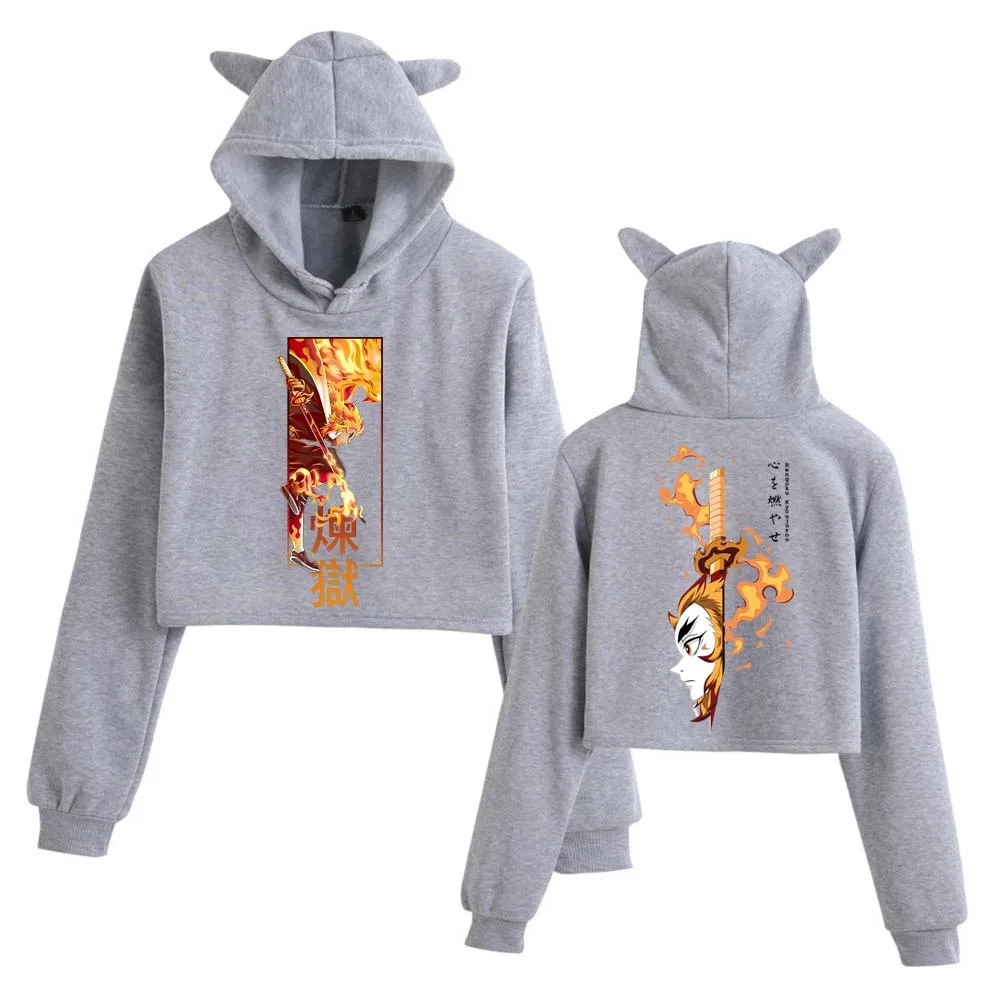 أنيمي شيطان القاتل Rengoku Kyoujurou المحاصيل قمم آذان القط البلوز طويلة الأكمام الفتيات الأزياء هوديي