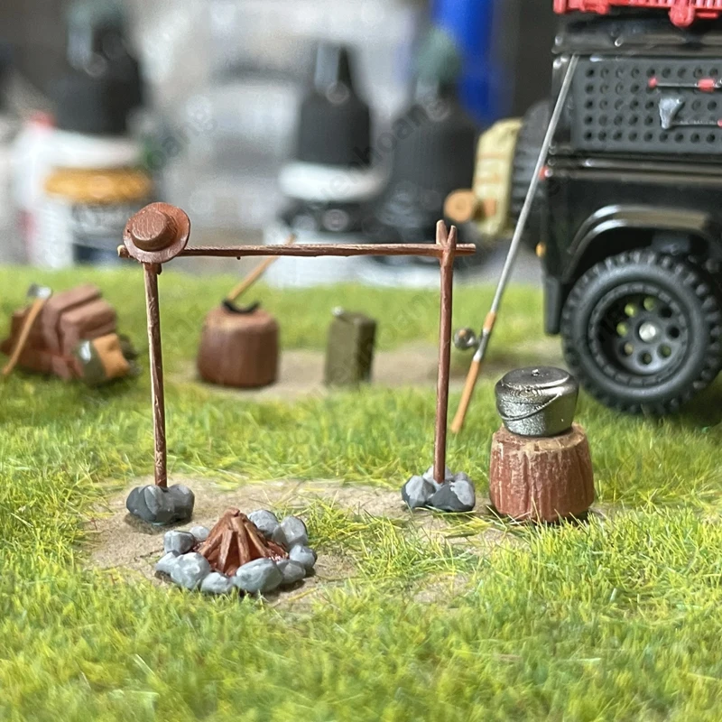 1/64 Schaal Miniatuur Wild Camping Scène Statisch Model Tent Campingtafel Kruk Kampvuur 3D Gedrukt Simulatie Decoratief Ornament