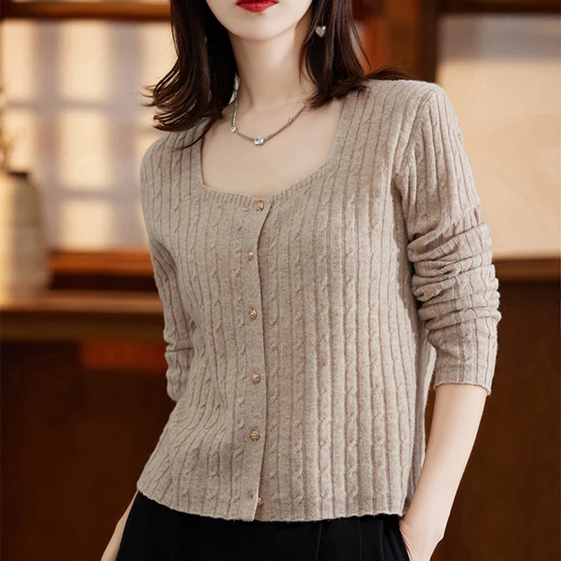 

Осенне-зимний женский трикотаж с длинными рукавами, топы, однобортный свитер с квадратным воротником, офисный женский вязаный кардиган