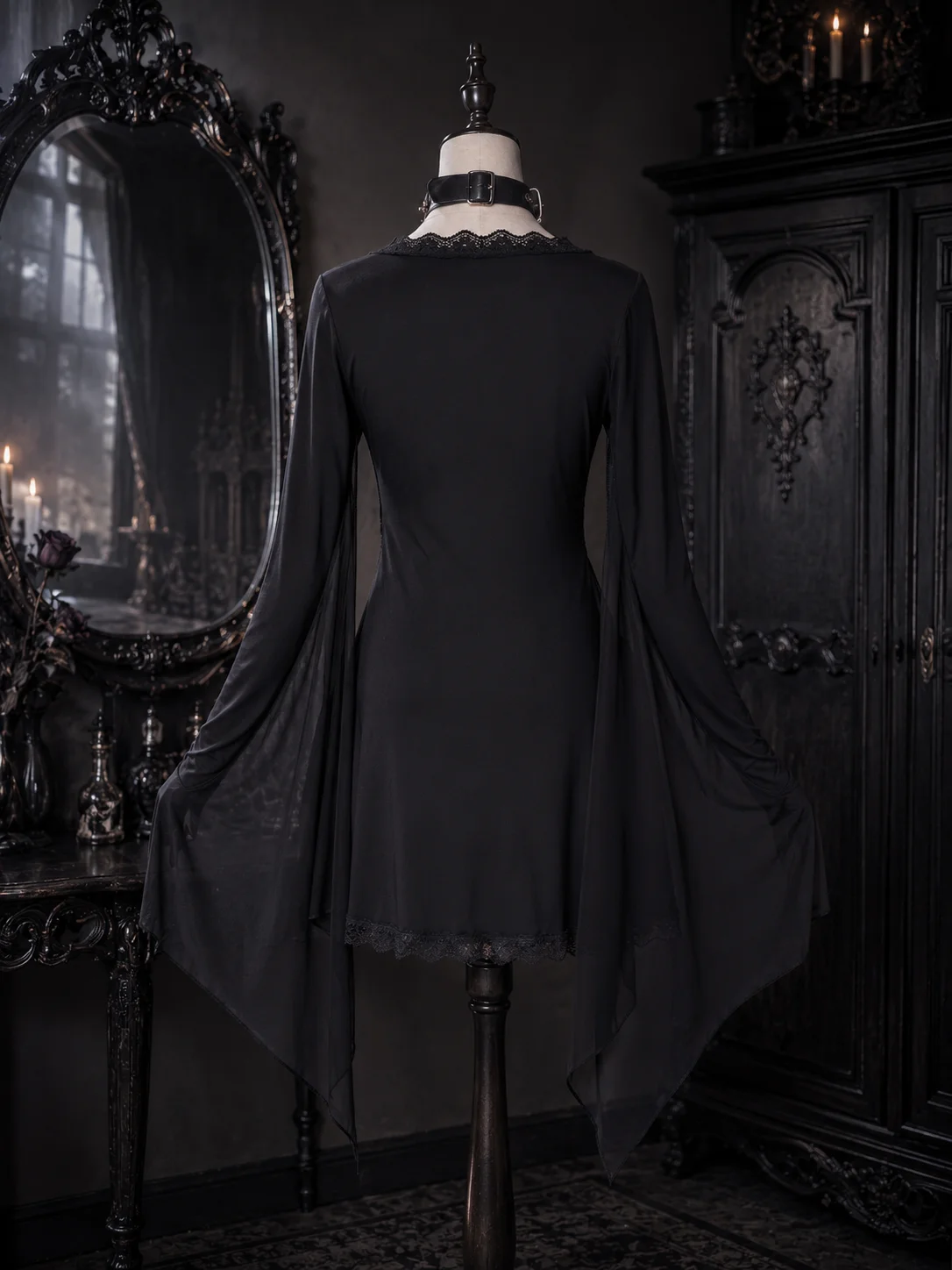 Women Dark Gothic Bat Wing Vampire Dress Lace V Neck Long Sleeve Finger Loop Chiffon Bat Sleeve A Line Mini Dress for Halloween Party Cosplay Carnival Clubwear Night Out，halloween costume, vampire costume, bat wing dress, gothic dress, witch cosplay dress view 5