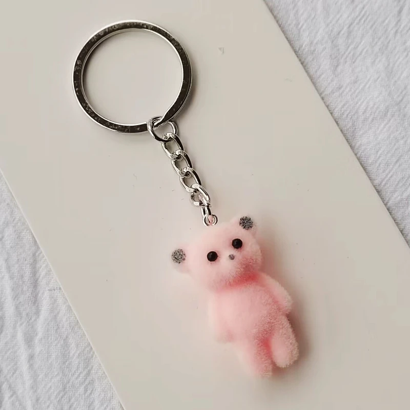 1Pc 3D Cartoon Flocking Bear Keychain for Men and Women, Kawaii Animal Key Ring, Key Chains, Souvenir Gifts, Car Keys, DIY Jewel