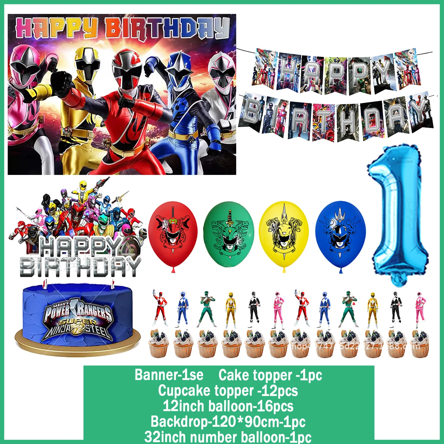 Cartoon-Powered&Rangers Geburtstagsparty-Dekorationsset Happy Birthday Banner Luftballons Cupcake-Topper Partyzubehör für Jungen und Kinder – Detail 6