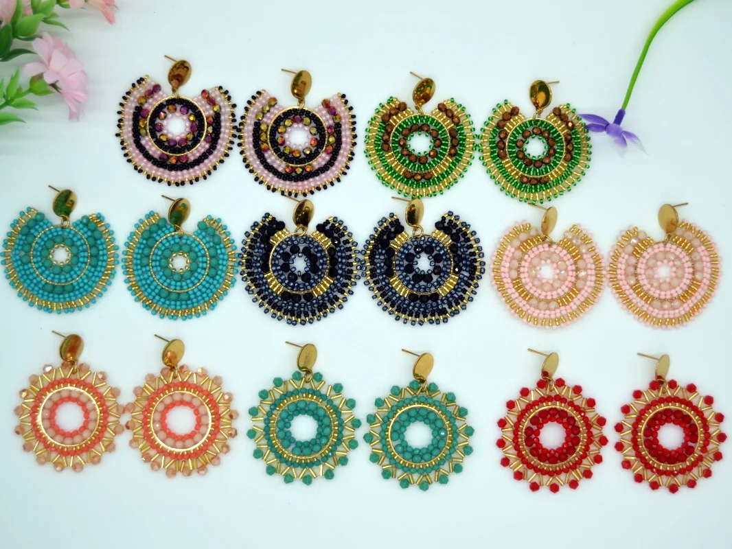 Pendientes de cuentas de arroz, girasol de cristal, ahuecados, originalidad, redondez, tejido a mano, aleación bohemia, pendientes simples de moda con cuentas