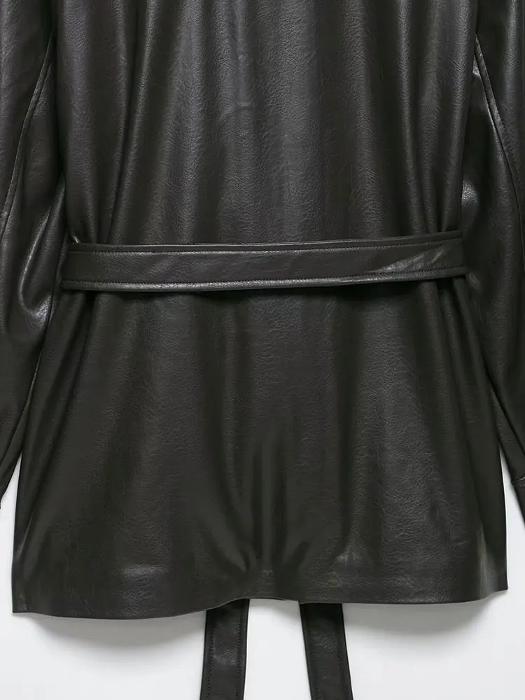 Moda feminina com cinto jaqueta de couro falso casaco manga longa bolsos frontais feminino outerwear chiques topos