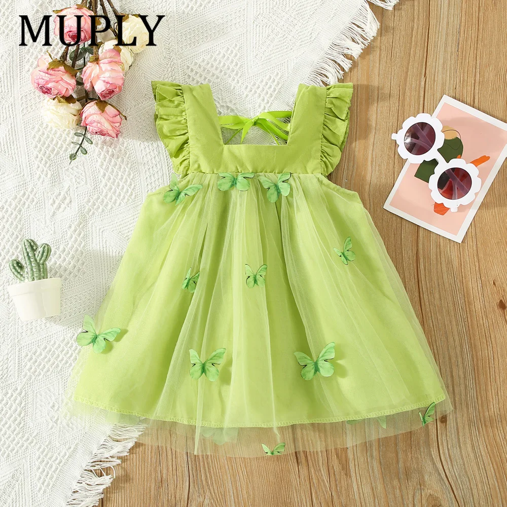 

Baby Girls Summer Princess Dresses For 0-24 Months Green Flying Sleeve Floral ButterflyTulle Dresses for Infant Girls