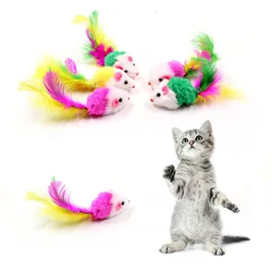 Juguetes De felpa suave para gatos, Mini ratón falso, pluma de colores, divertidos, juguetes interactivos de entrenamiento para gatos y gatitos, suministros para mascotas