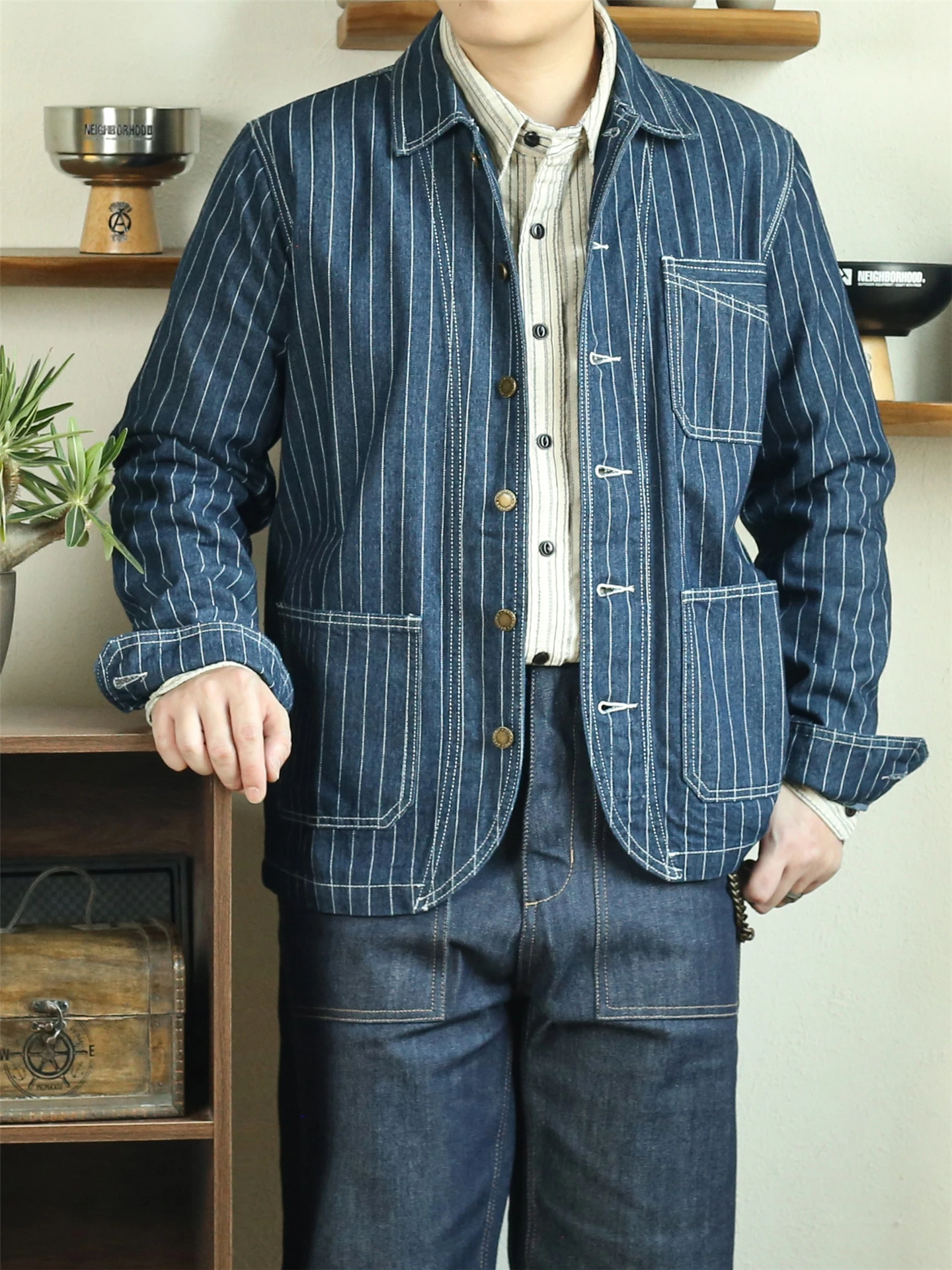 

Ретро-куртка из оригинального денима в американском стиле с полосками, мужская, осенняя, модная, городская, с длинными рукавами, на пуговицах, хлопковая