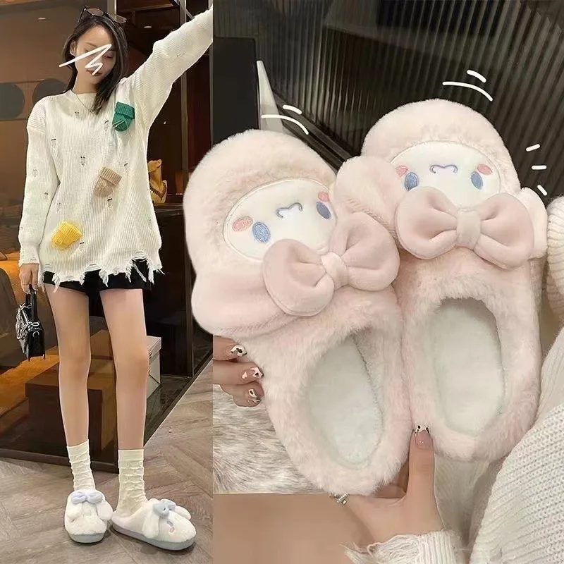 Cute Cinnamoroll Plush Slippers Sanrio Women Kawaii Flat Cotton Shoes Pink Winter Keep Warm Soft Cute Student Girl Sweet Gift