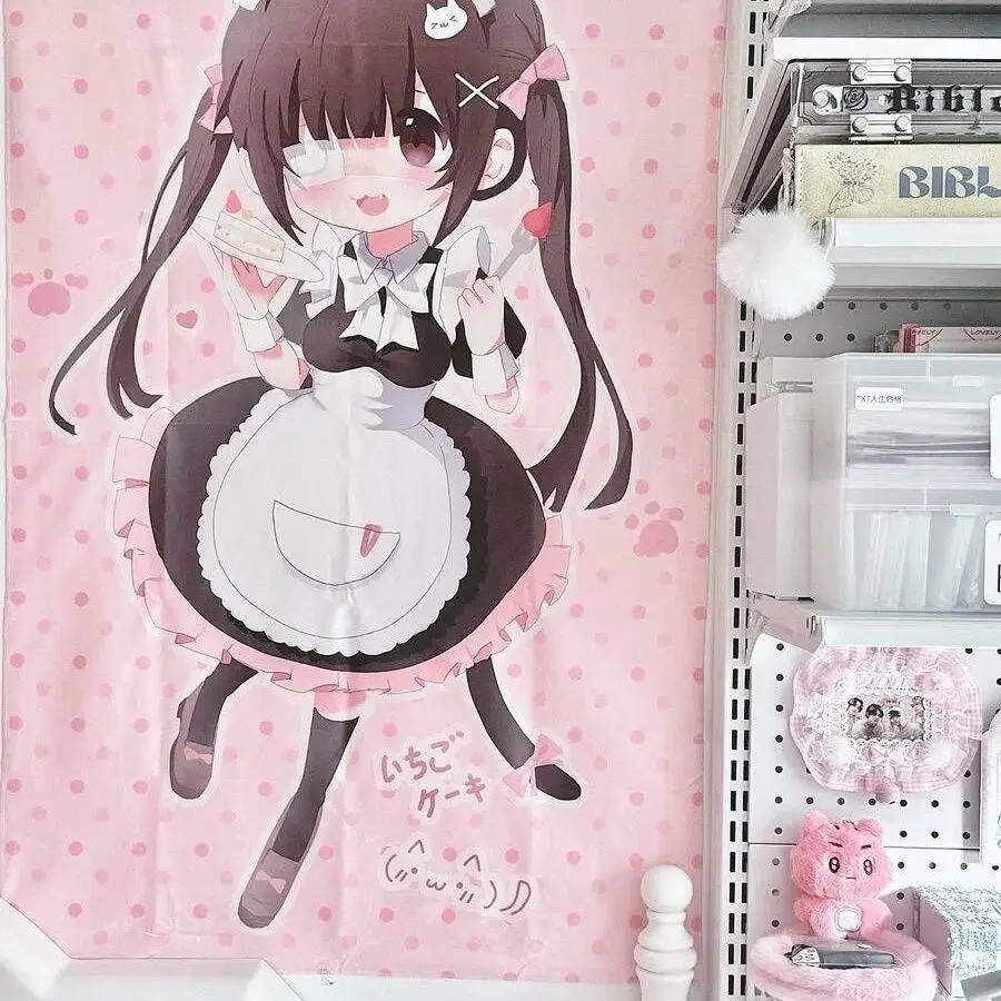 Neuer niedlicher Wandteppich im Mine-Stil mit Katzenohren, rosa Mädchen-Wandbehang für Schlafzimmerdekoration, Hintergrundstoff