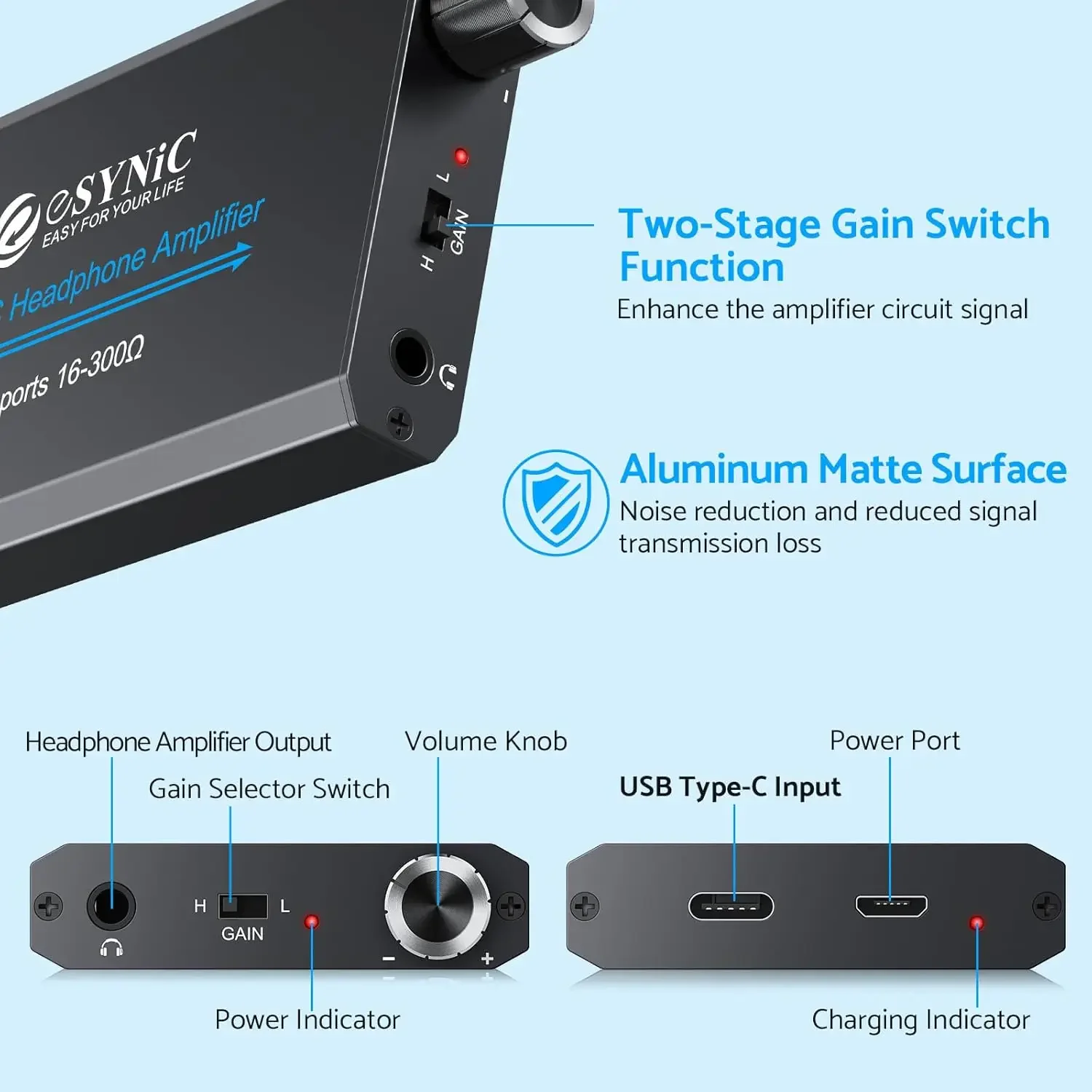 eSynic Headphone Amplifier 16-300Ω Professional Portable USB DAC Headphone Amp Type-C Input 3.5mm Output Rechargeable for Phone