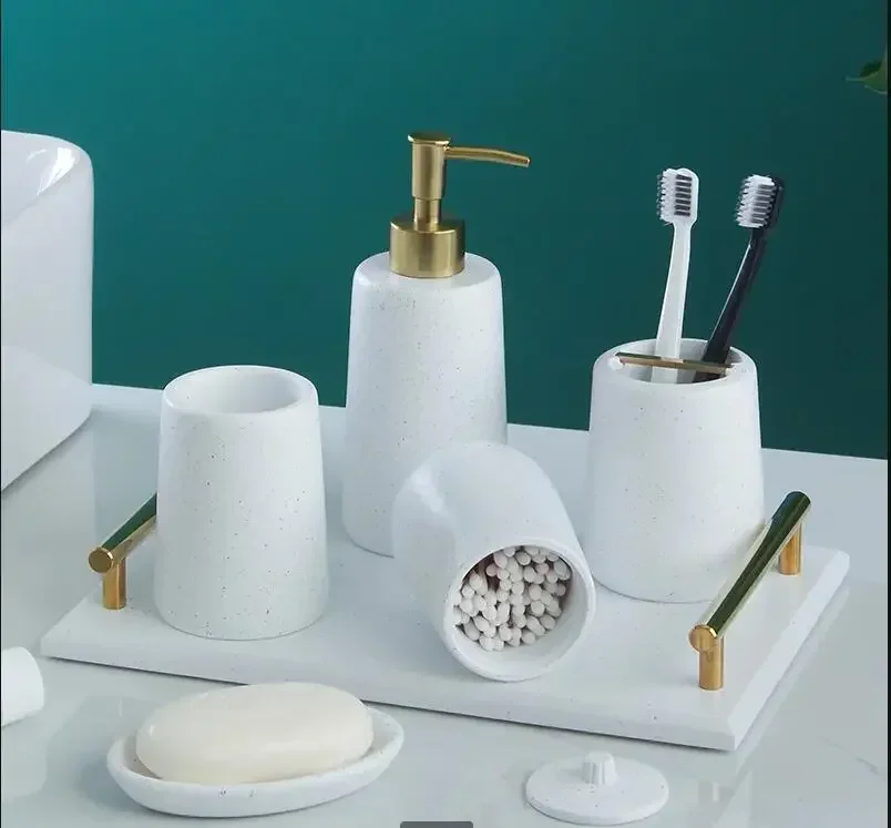 Bathroom 5-piece Set Resin Bathroom Supplies Home Wash Set Mouth Cup Toothbrush Holder Lotion Bottle Soap Dish Cotton Swab Box