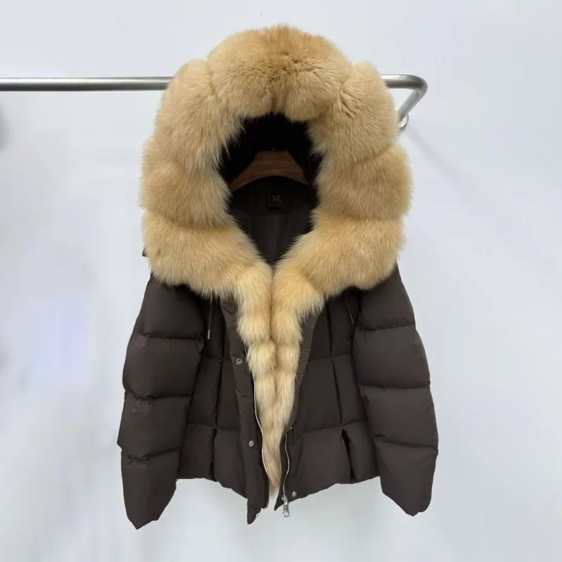 2025년 겨울 여성용 폭스 퍼 칼라 플러시 안감 두꺼운 따뜻한 구스 다운 재킷 Y2K 고품질 패션 하이 스트리트 후드 코트