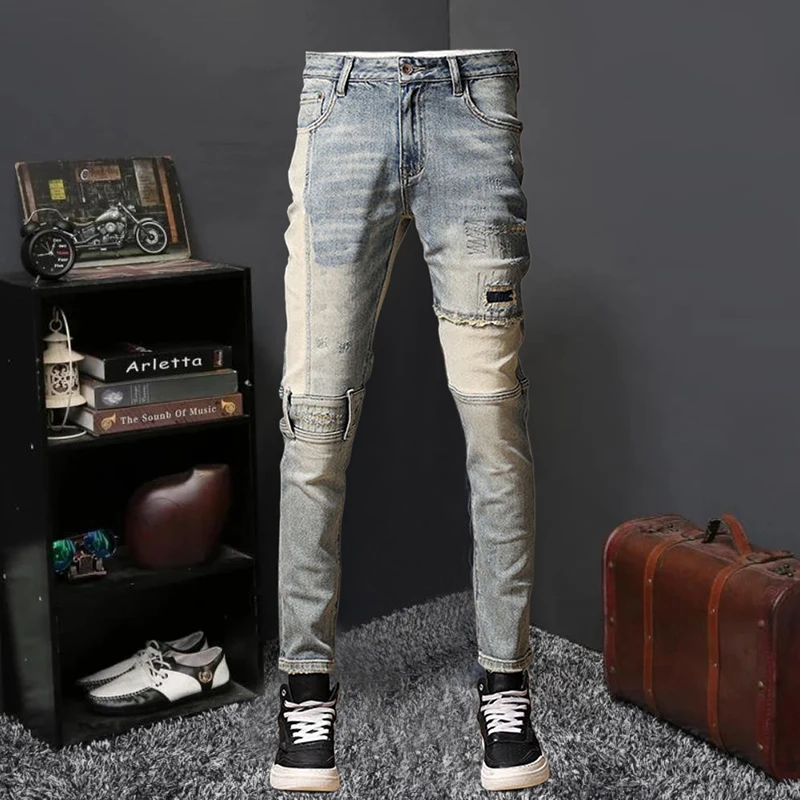 

Fall Men Patchwork Ripped Fashion Jean High Street Hip Hop Men Stretch Slim Motorcycle Jean Designer Jean Retro Locomotive Jeans