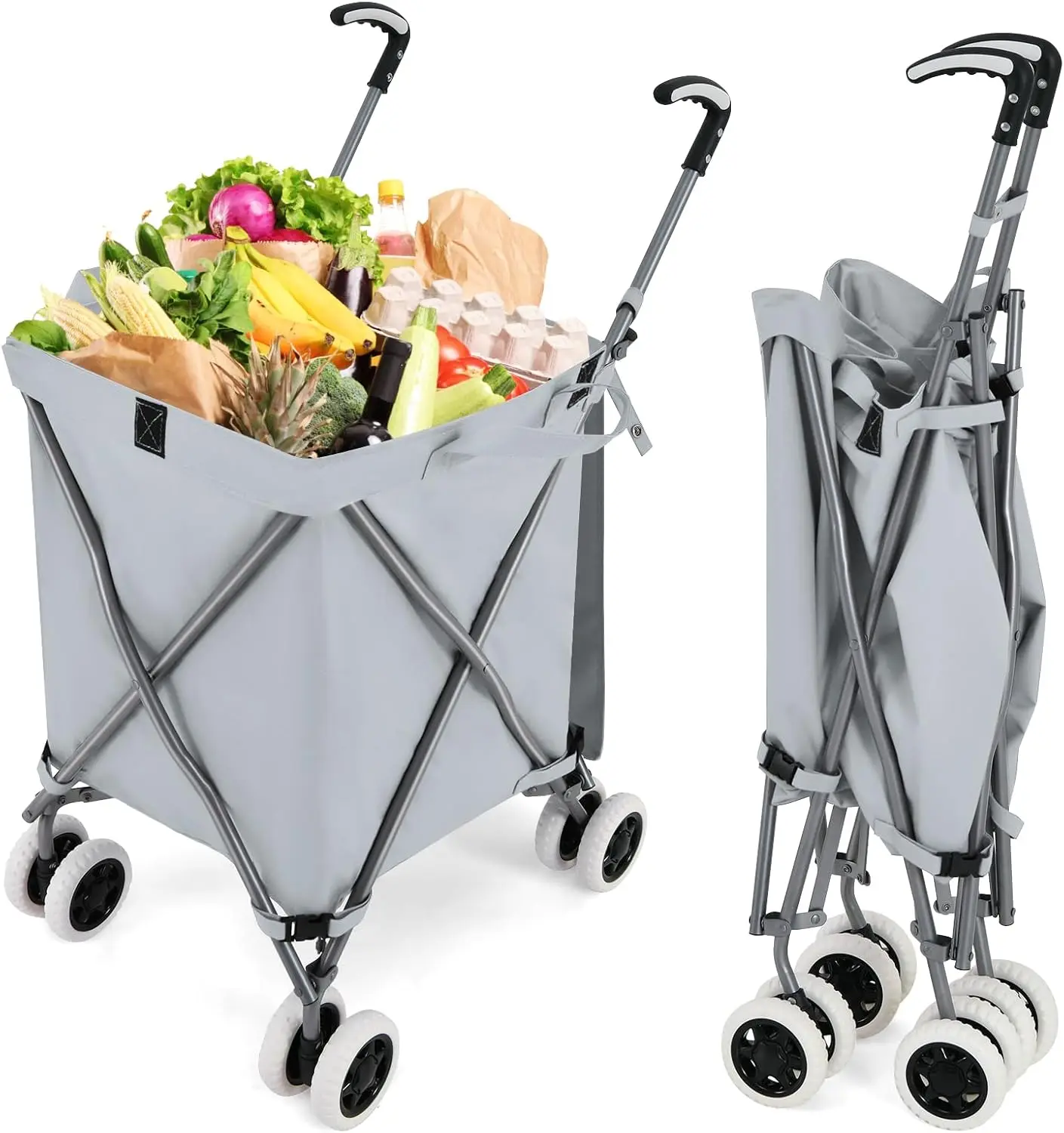 

Foldable Shopping Cart with Wheels, Removable Waterproof Liner, Lightweight Utility Cart for Groceries and Laundry
