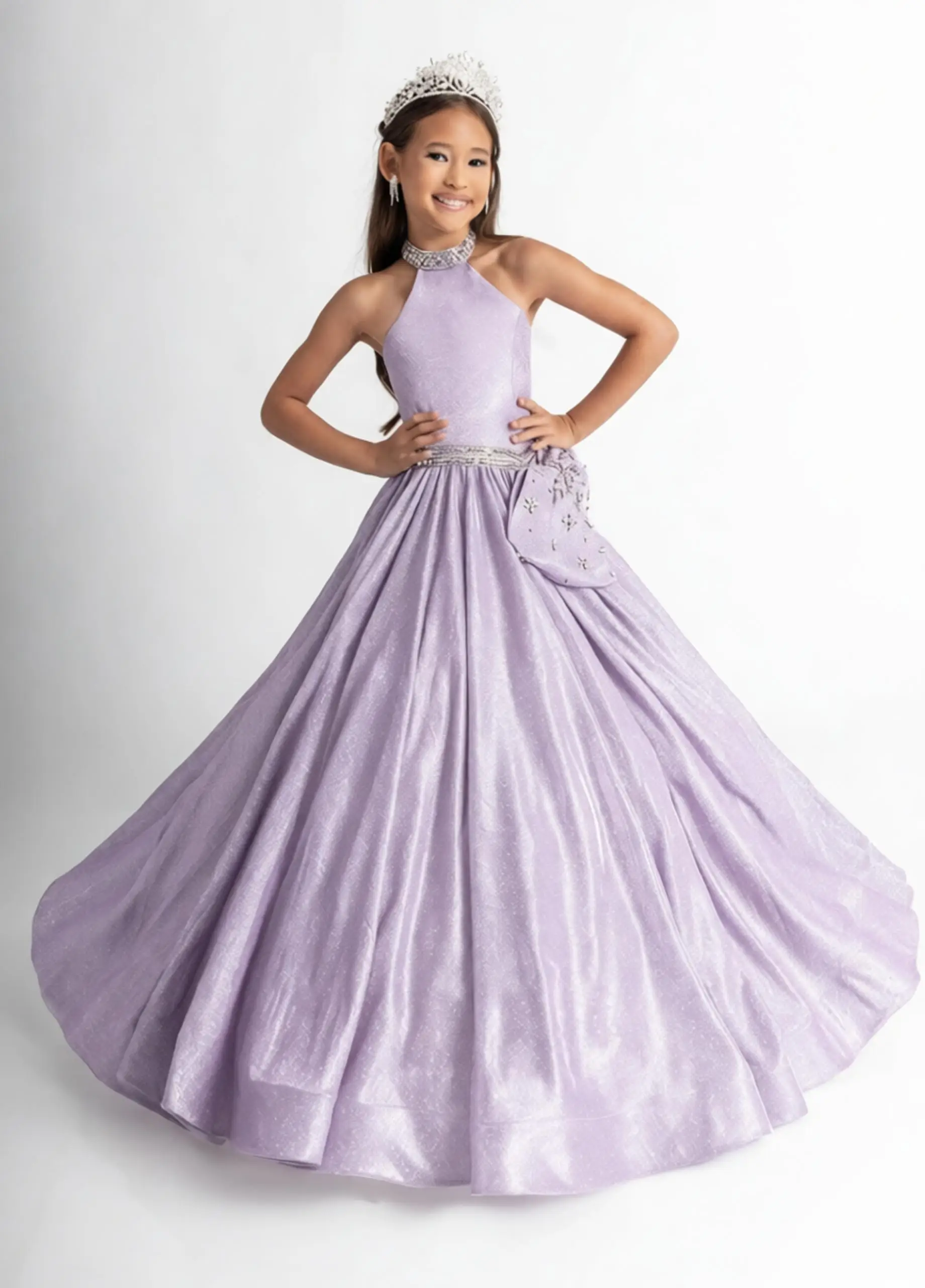 Cswdocy Girls Halter Neck Jeweled Pageant Dress Floral Accent Big Side Bow Flower Girl Gown For Wedding Formal Party Stage 2027